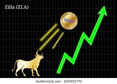 Gold bull, throwing up Zilla (ZLA) cryptocurrency golden coin up the trend. Bullish Zilla (ZLA) chart