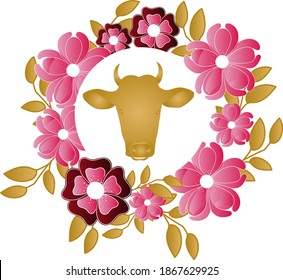 Gold bull in wreath of pink fowers. Chinese Ox new year.  Greeting card in golden colors.