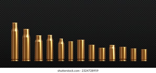 Gold bullet casing concept. Ammunition for shotgun, pistol, automatic and sniper riffle on copy space. Template and mock up. Realistic flat vector illustration isolated on transparent background