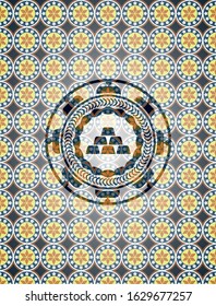 gold bullion icon inside arabesque badge background. arabic decoration.