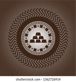 gold bullion icon inside badge with wooden background