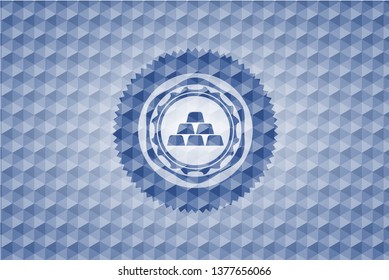 gold bullion icon inside blue emblem or badge with abstract geometric pattern background.