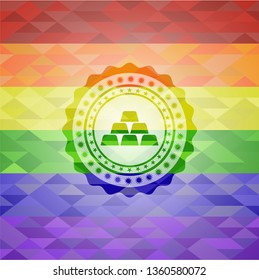 gold bullion icon inside emblem on mosaic background with the colors of the LGBT flag