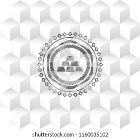 gold bullion icon inside grey emblem. Vintage with geometric cube white background