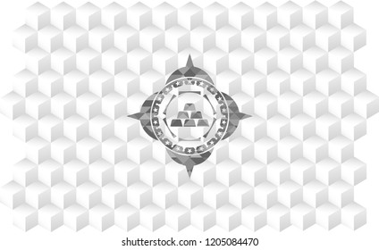 gold bullion icon inside grey badge with geometric cube white background