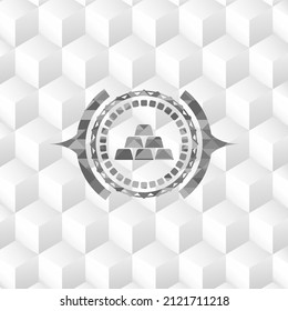 gold bullion icon inside grey emblem with geometric cube white background. 