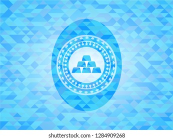 gold bullion icon inside light blue emblem with triangle mosaic background