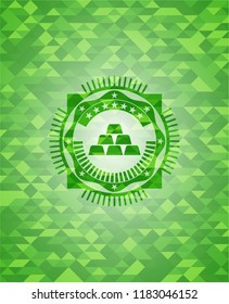 gold bullion icon inside realistic green emblem. Mosaic background