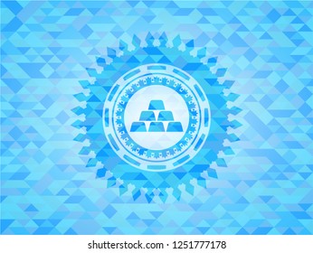gold bullion icon inside realistic sky blue mosaic emblem