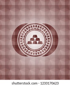 gold bullion icon inside red emblem with geometric pattern background. Seamless.