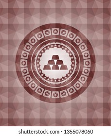 gold bullion icon inside red seamless geometric pattern emblem. Seamless.