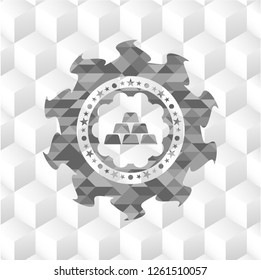 gold bullion icon inside retro style grey emblem with geometric cube white background