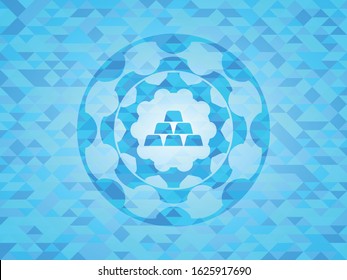 gold bullion icon inside sky blue emblem. Mosaic background