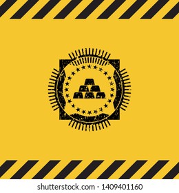gold bullion icon inside warning sign, black grunge emblem. Vector Illustration. Detailed.