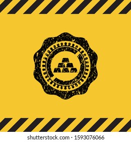 gold bullion icon inside warning sign, black grunge emblem. Vector Illustration. Detailed.