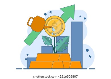 Gold bullion market analysis concept, Gold bullion with growing plant on isolated background, investment to increase income or profit. Digital marketing illustration