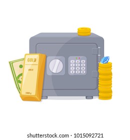 Gold bullion, a stack of coins, diamond and metal safe . Capital, banking, keeping the money concept. Vector illustration