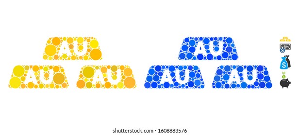 Gold bullions mosaic of filled circles in various sizes and color tinges, based on gold bullions icon. Vector filled circles are organized into blue mosaic.