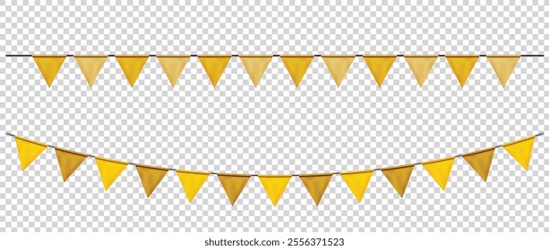 Gold Bunting flags, carnival party triangle flag banner background. Decorative pennants hanging on a rope isolated for Celebration, Birthday, Holiday, New Year. Festive decoration elements vector
