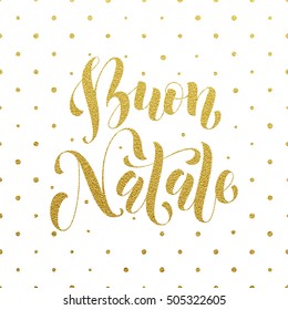 Gold Buon Natale Italian vector greeting card print. Golden Merry Christmas in Italy congratulation letter board poster with polka dot background