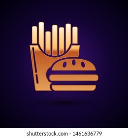 Gold Burger and french fries in carton package box icon isolated on dark blue background. Hamburger, burger, cheeseburger sandwich. Fast food menu.  Vector Illustration