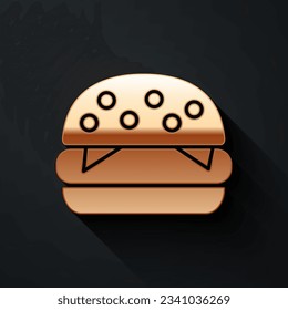 Gold Burger icon isolated on black background. Hamburger icon. Cheeseburger sandwich sign. Fast food menu. Long shadow style. Vector Illustration