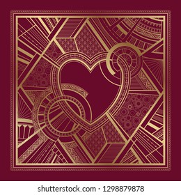 Gold and burgundy card with heart and art deco geometric ornament