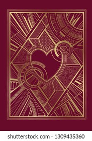 Gold and burgundy card with heart and art deco geometric ornament