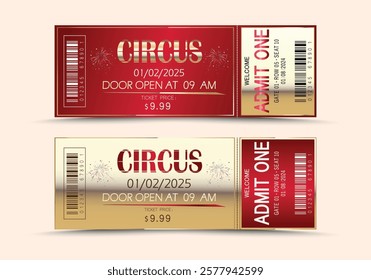 Gold and burgundy tickets. Circus ticket template, carnival invitation, vector carnival banner with fireworks, premium luxury coupon