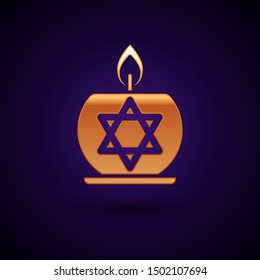 Gold Burning candle in candlestick with star of david icon isolated on dark blue background. Cylindrical candle stick with burning flame.  Vector Illustration