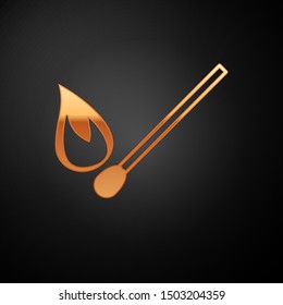 Gold Burning match with fire icon isolated on black background. Match with fire. Matches sign.  Vector Illustration