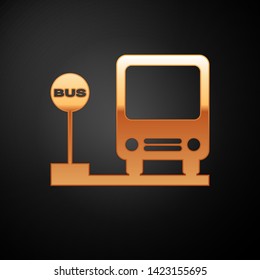 Gold Bus stop icon isolated on black background. Transportation concept. Bus tour transport sign. Tourism or public vehicle symbol.  Vector Illustration