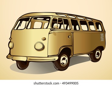 Gold bus, vintage, retro car, hand-drawing, cartoon transport. Isolated vector illustration