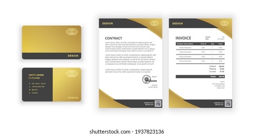 Gold business card and blanks. Simple colorful design. Vector illustration. Modern minimalist template. Document design template for office, company.