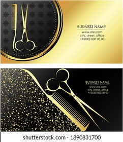 Gold business card scissors and comb for beauty salon and hair stylist