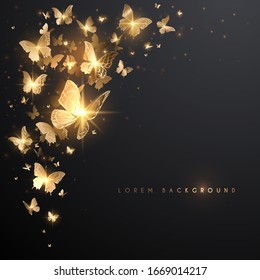 Gold butterflies with light effect on black background
