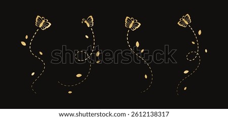 Gold Butterflies Set. Golden Flying Butterfly with Dotted Line Route. Beautiful elegant insects with open wings trail. Vector design elements for spring and summer.