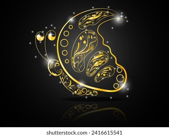 Gold butterfly black background. Sparkling butterfly with gold color.