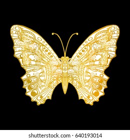 Gold Butterfly, decorative element for design, clothes. Print for T-shirts, mugs, cover. The stylized image of an insect. Tattoo in the form of a beautiful butterfly. Vector illustration. Vintage.