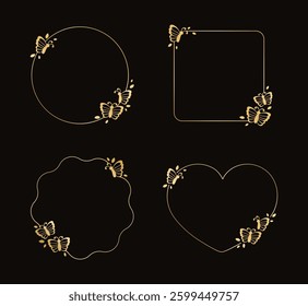 Gold butterfly frames vector illustration set. Abstract golden geometric border template for spring and summer. Simple elegant design element.