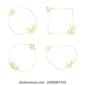 Gold butterfly frames vector illustration set. Abstract golden geometric border template for spring and summer. Simple elegant design element.