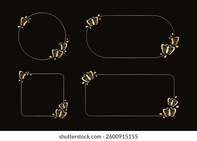 Gold butterfly frames vector illustration set. Abstract golden geometric border template for spring and summer. Simple elegant design element.