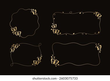 Gold butterfly frames vector illustration set. Abstract golden geometric border template for spring and summer. Simple elegant design element.