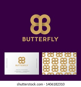 Gold  butterfly like infinity from ribbon. B and B monogram on a dark-purple background. Double B like a butterfly. Business card with seamless pattern.