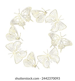 Gold butterfly line art wreath.Vector hand drawn illustration for card or invitations, wedding design, coloring book.