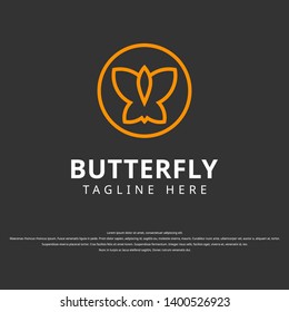 Gold butterfly logo. This logo suitable for beauty cosmetic and beauty care logo. Butterfly outline minimalist logo with circle.