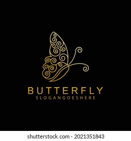 Vector con logotipo de mariposa dorada en estilo elegante con fondo negro. Concepto abstracto de diseño para salón de belleza, spa, masaje, tienda de cosméticos