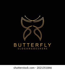 Gold Butterfly Logo Vektor in elegantem Stil mit schwarzem Hintergrund. Abstraktes Design-Konzept für Schönheitssalon, Spa, Massage, Kosmetikshop