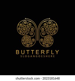 Vector con logotipo de mariposa dorada en estilo elegante con fondo negro. Concepto abstracto de diseño para salón de belleza, spa, masaje, tienda de cosméticos