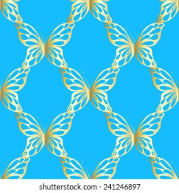 Gold butterfly seamless pattern on blue background. Abstract design. Vector illustration.